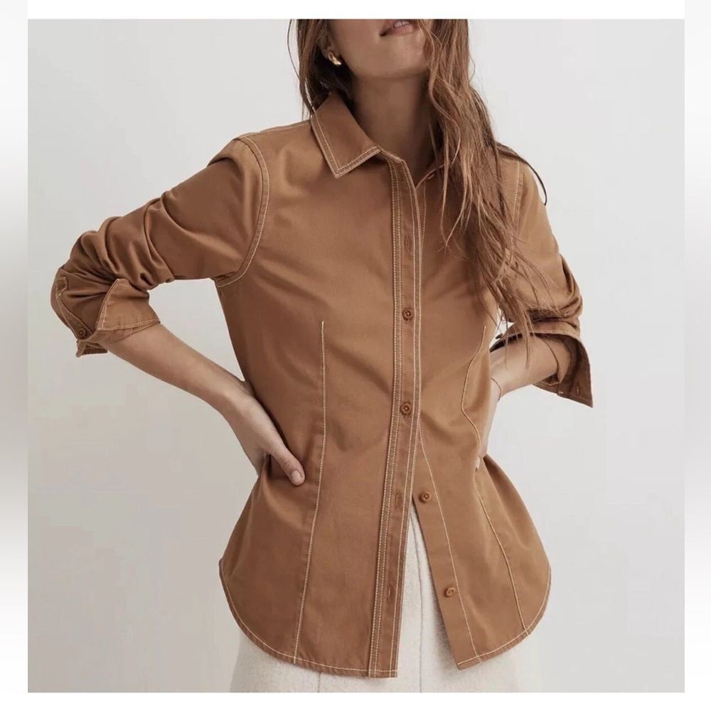 Madewell Darted Button-Up Shirt size 00 Camel Brown Contrast Stitch Modern